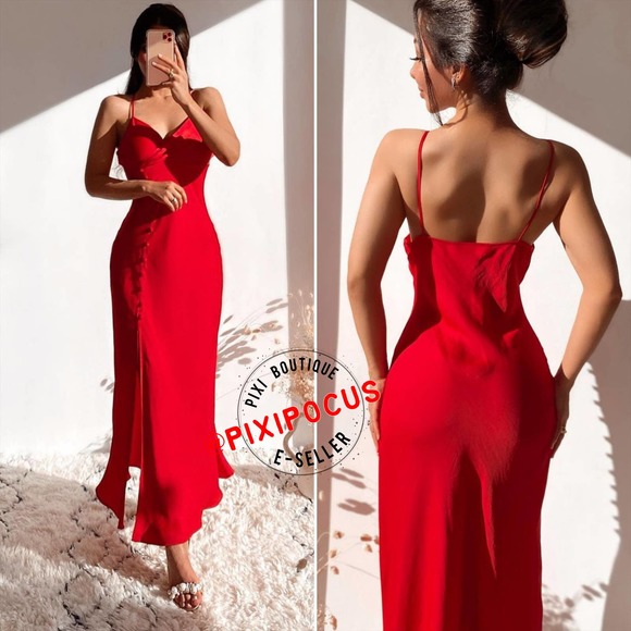 ZARA SATIN BUTTONED SLIP DRESS RED - Picture 3 of 15